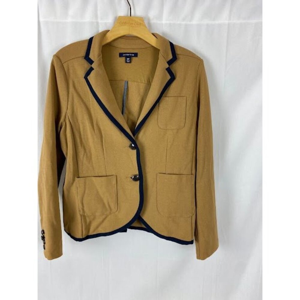 Lands End Tan Short‎ Blazer Jacket Navy Trim  Women's 12 Petite